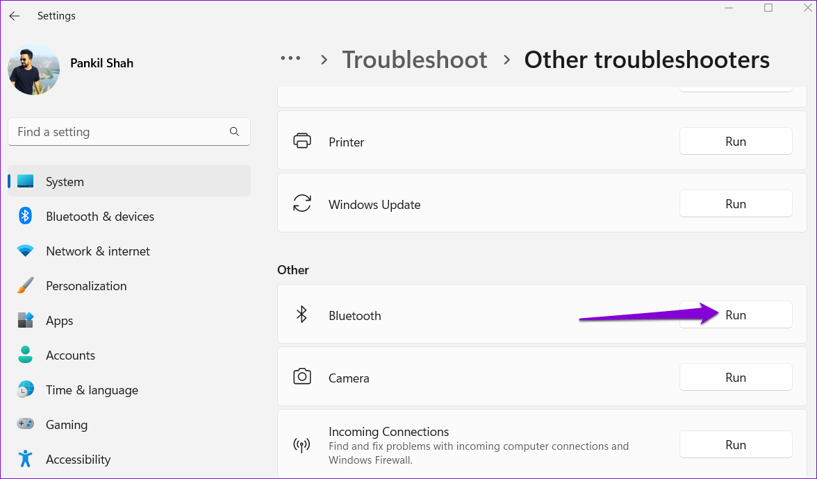 Run-Bluetooth-Troubleshooter أفضل 6 طرق لإصلاح جهاز Bluetooth مقترن ولكن غير متصل بنظام Windows 11