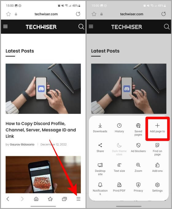 Samsung-Browser-Options-on-Android كيفية إضافة موقع إلكتروني إلى الشاشة الرئيسية على iOS و Android