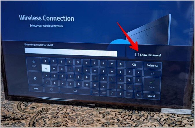 Samsung-Smart-TV-Show-Password كيفية توصيل أو تغيير شبكة Wi-Fi على تلفزيون Samsung الذكي