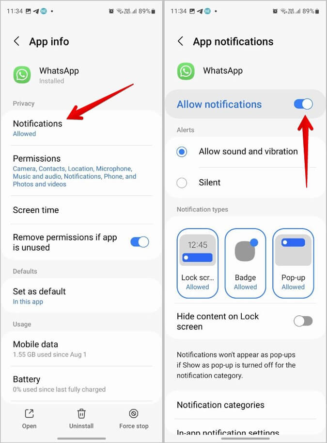 Samsung-WhatsAPp-Settings-Allow كيفية الحصول على إشعارات WhatsApp على شاشة القفل والشاشة الرئيسية