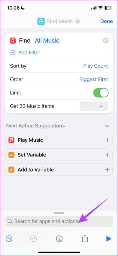 Search-for-apps-and-actions كيفية عمل قائمة تشغيل على Apple Music وفرزها على iPhone