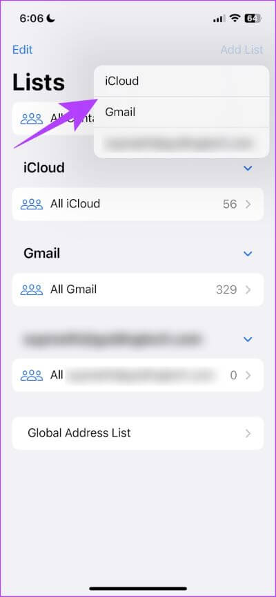 Select-Account-3 كيفية فرز جهات الاتصال على iPhone و iPad بالاسم الأول أو اسم العائلة