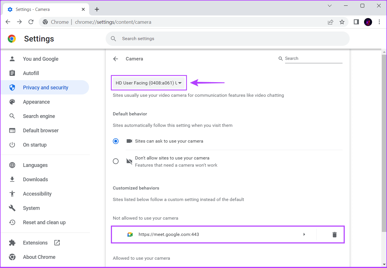 Select-Camer-and-clcik-on-website أفضل 7 طرق لإصلاح عدم عمل الكاميرا في Google Chrome على Windows 11