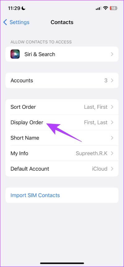 Select-Display-Order كيفية فرز جهات الاتصال على iPhone و iPad بالاسم الأول أو اسم العائلة