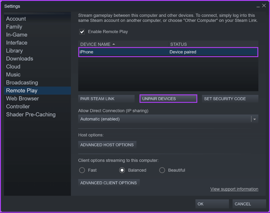 Select-device-and-unpair أفضل 6 طرق لإصلاح عدم عمل Steam Play Remote على Windows 11