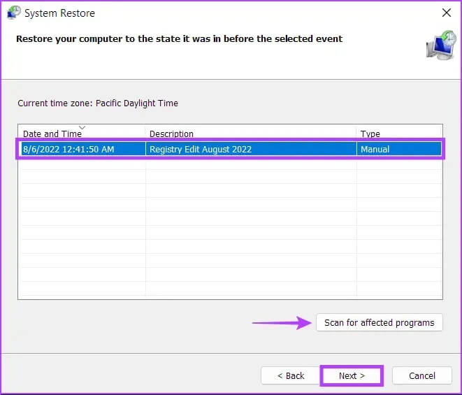 Select_a_Restore_Point أفضل 9 طرق لإصلاح عدم تشغيل ألعاب Steam على Windows 11