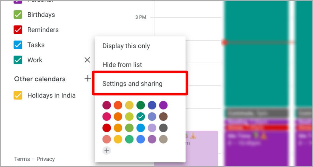 Settings-and-Sharing-options-for-Google-Calendar-on-web 3 طرق لإضافة تقويم Google إلى iPhone