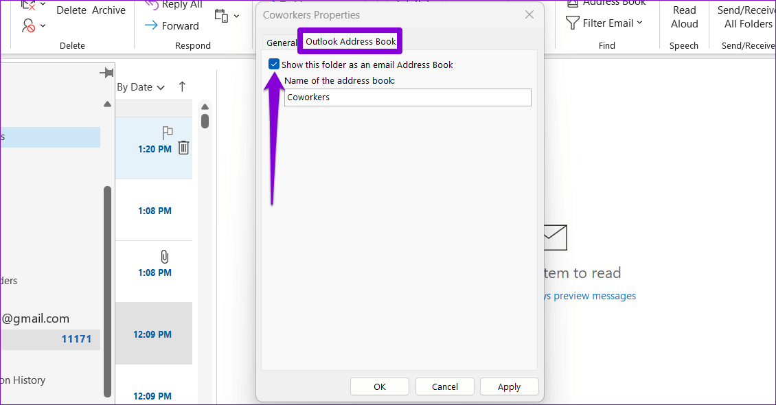 Show-Outlook-Contact-Folder-in-Address-Book أفضل 5 طرق لإصلاح عدم ظهور جهات الاتصال في Outlook على Windows 11