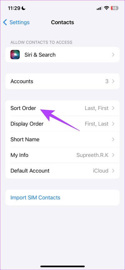 Tap-on-Sort-Order كيفية فرز جهات الاتصال على iPhone و iPad بالاسم الأول أو اسم العائلة