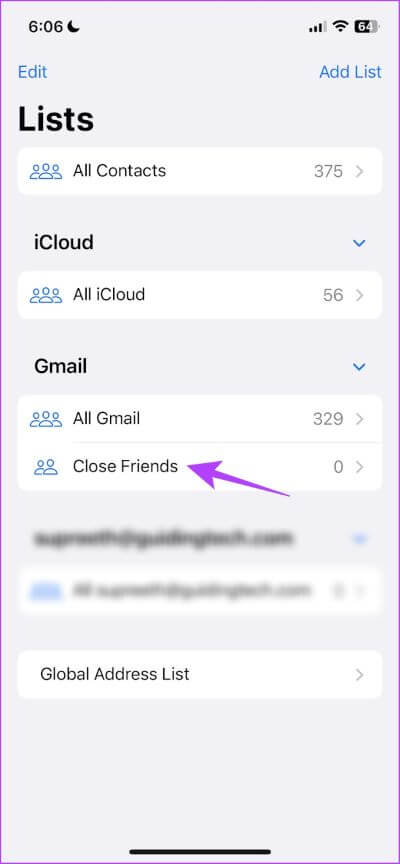 Tap-on-the-created-list كيفية فرز جهات الاتصال على iPhone و iPad بالاسم الأول أو اسم العائلة