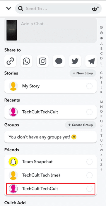 Tap-on-the-desired-Snapchat-profile-you-want-to-send-this-chat-again-e1671455424534 كيفية إعادة نشر مقاطع فيديو Instagram على قصة Snapchat