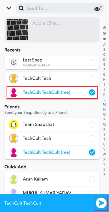 Tap-on-your-Snapchat-username-me-Send-icon-e1671455450616 كيفية إعادة نشر مقاطع فيديو Instagram على قصة Snapchat