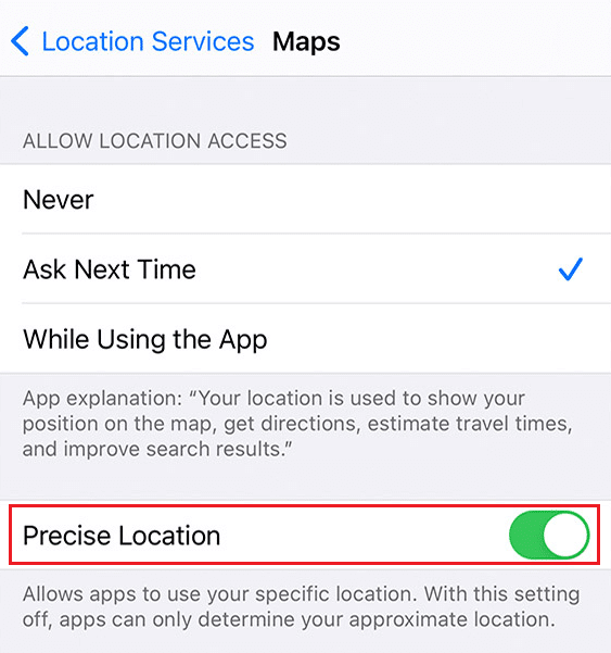 Turn-on-the-toggle-for-the-Precise-Location-option كيفية إصلاح مشاركة موقعي على iPhone باللون الرمادي