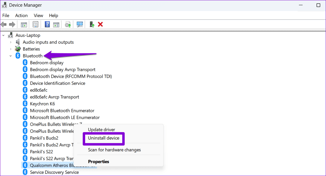 Uninstall-Bluetooth-Driver أفضل 6 طرق لإصلاح جهاز Bluetooth مقترن ولكن غير متصل بنظام Windows 11