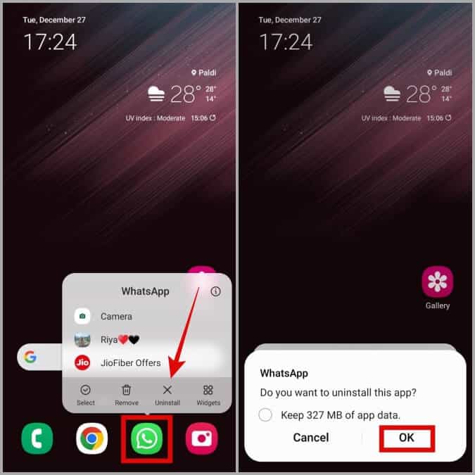 Uninstall-WhatsApp-on-Android أفضل 9 طرق لإصلاح عدم عمل كاميرا WhatsApp على نظام Android