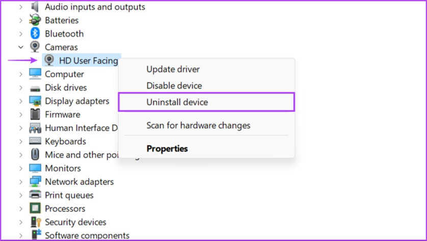 Uninstall_Device-1 أفضل 7 طرق لإصلاح عدم عمل الكاميرا في Google Chrome على Windows 11