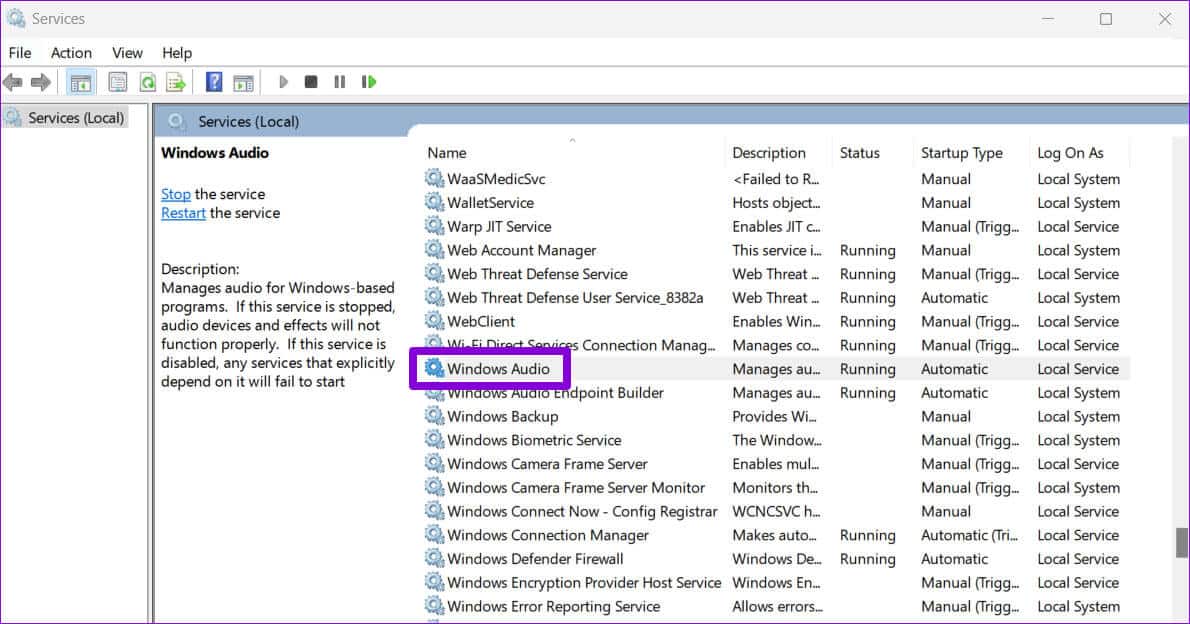 Windows-Audio-Service أفضل 6 طرق لإصلاح خطأ لم يتم تثبيت أي جهاز صوتي على Windows 11