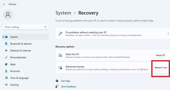 Windows11-User-Profile-Advanced-Startup-Restart-Now.jpg كيفية إصلاح خطأ "فشل خدمة ملف تعريف المستخدم في تسجيل الدخول" على Windows