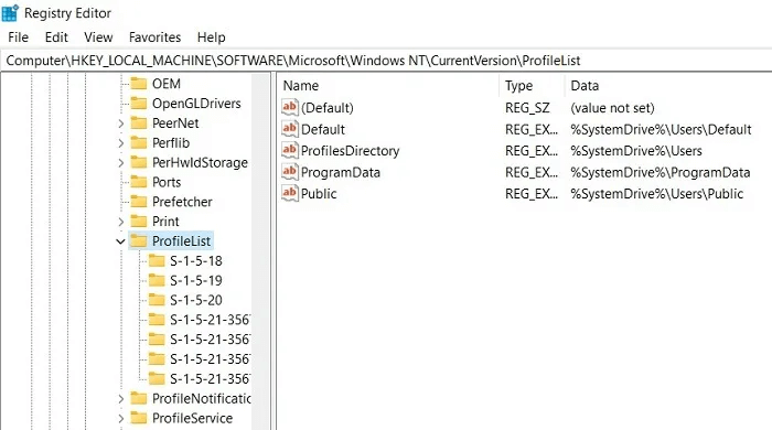 Windows11-User-Profile-WindowsNT-ProfileList.jpg كيفية إصلاح خطأ "فشل خدمة ملف تعريف المستخدم في تسجيل الدخول" على Windows