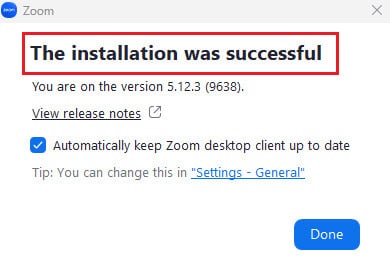 Zoom-the-installation-was-successful إصلاح خطأ "أنت لست مؤهلاً للتسجيل في Zoom في هذا الوقت"