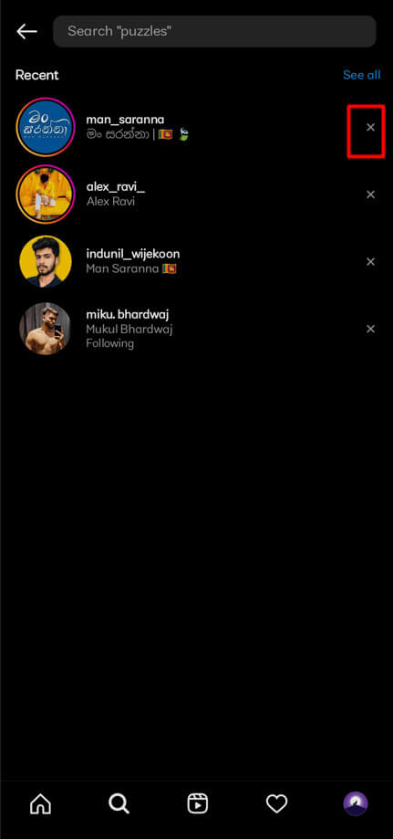 a-cross-x-icon-will-be-present-next-to-each-name كيفية إعادة تعيين أو مسح اقتراحات البحث في Instagram