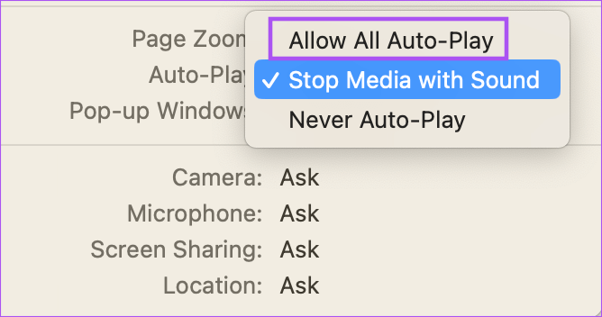 allow-all-auto-play-whatsapp-web-safari أفضل 5 إصلاحات لعدم وجود صوت في WhatsApp للويب على Mac و Windows