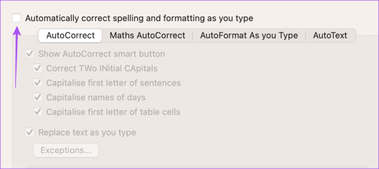 auto-correct-spelling-and-formatting-word-mac-768x343-1 أفضل 5 إصلاحات لعدم عمل التصحيح التلقائي في Microsoft Word على Mac