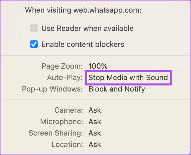 auto-play-settings-safari-whatsapp-web أفضل 5 إصلاحات لعدم وجود صوت في WhatsApp للويب على Mac و Windows