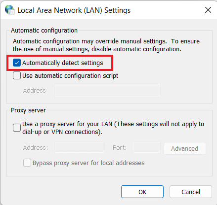 check-box-for-automatically-detect-settings إصلاح الخطأ Err Proxy Connection Failed على Chrome