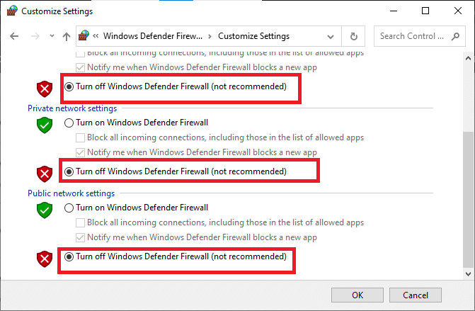 check-the-boxes-turn-off-windows-defender-firewall إصلاح الخطأ Err Proxy Connection Failed على Chrome