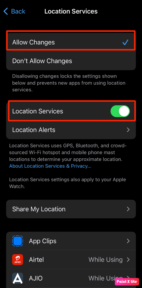 choose-allow-changes-and-toggle-on-location-servic كيفية إصلاح مشاركة موقعي على iPhone باللون الرمادي