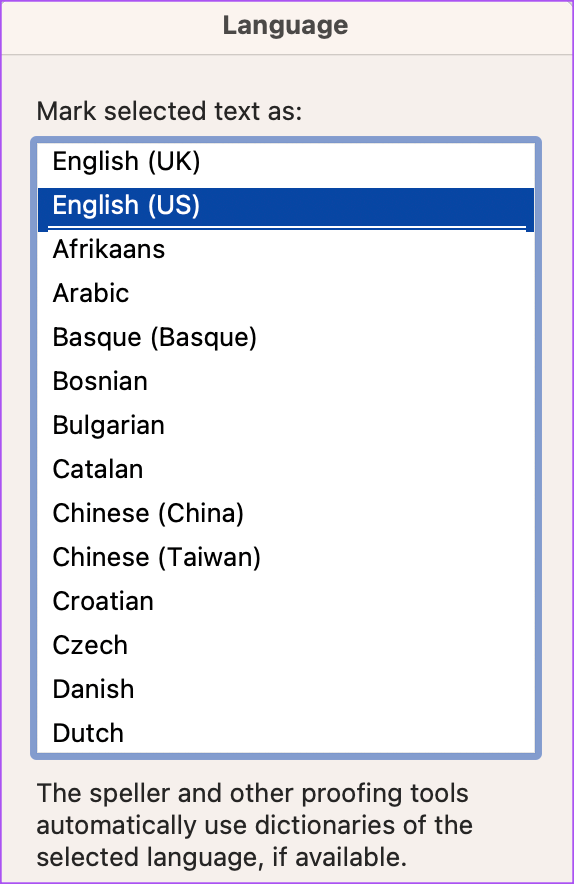 choose-proofreading-language-word-mac أفضل 5 إصلاحات لعدم عمل التصحيح التلقائي في Microsoft Word على Mac