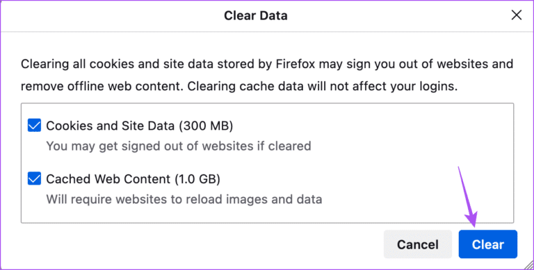 clear-cache-and-cookies-firefox-768x389-1 أفضل 7 إصلاحات لعدم إمكانية إرسال الملفات على WhatsApp للويب