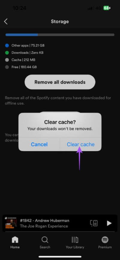 clear-cache-confirm-spotify-iphone-473x1024-1 أفضل 8 إصلاحات لعدم تشغيل ملفات البودكاست على Spotify على iPhone