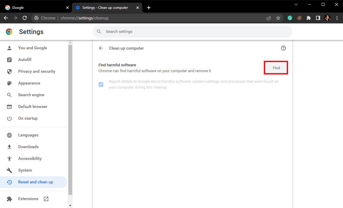 click-on-find-to-scan-for-malware-on-your-computer إصلاح خطأ فشل فحص الفيروسات في Google Chrome