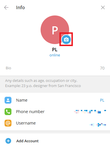 click-on-the-camera-icon كيفية إضافة وتغيير وحذف صورة ملف تعريف Telegram