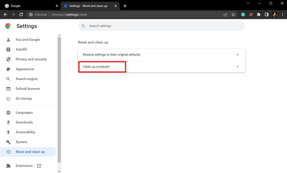 click-on-the-clean-up-computer إصلاح خطأ فشل فحص الفيروسات في Google Chrome