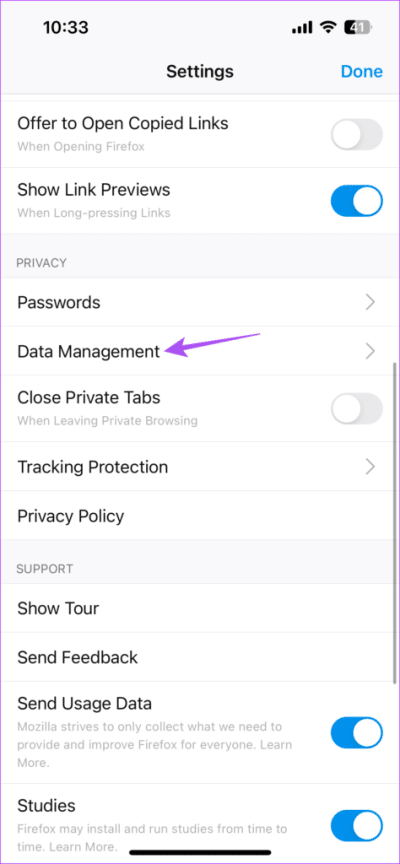 data-management-settings-firefox-iphone-474x1024-1-e1672258330750 كيفية مسح ذاكرة التخزين المؤقت وملفات تعريف الارتباط في Firefox على الويب و iPhone و Android