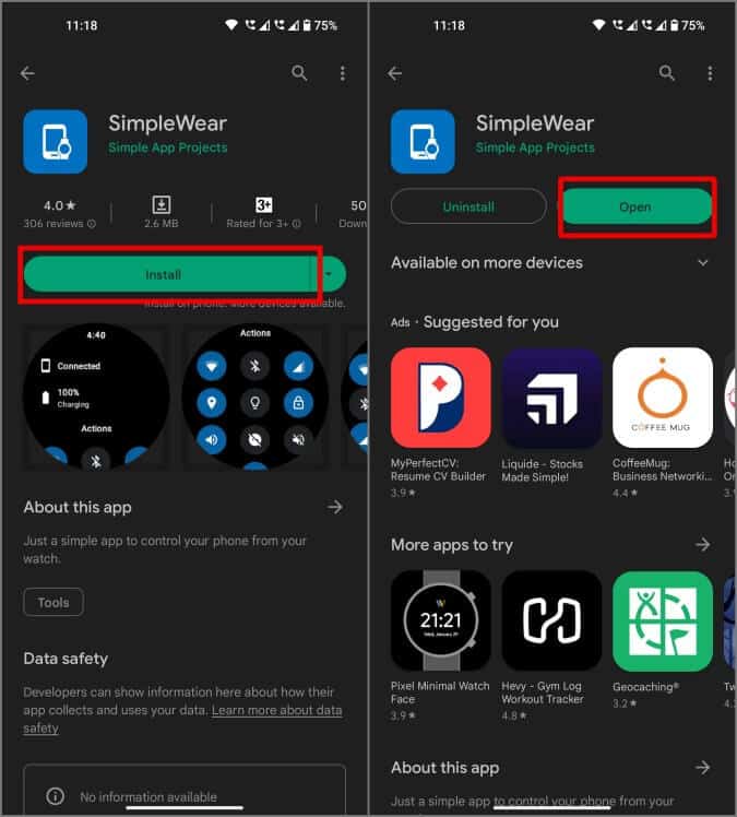 downloading-simpleweaar-app-on-Anddroid-from-PlayStore كيفية التحكم في هاتف Android الخاص بك باستخدام Galaxy Watch / WearOS
