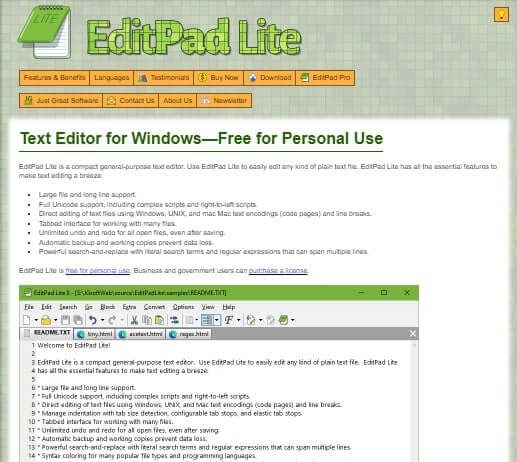 editpad-lite أفضل 30 Code Editor "محرر كود" لـ Windows