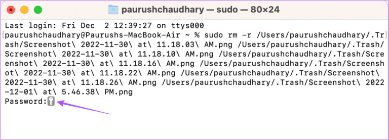 enter-password-to-delete-files-terminal-mac-768x277-1 أفضل 7 إصلاحات لعدم قدرة على تفريغ سلة المهملات على Mac