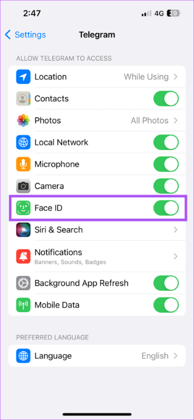 face-id-telegram-settings-iphone-474x1024-1 أفضل 5 إصلاحات لعدم عمل معرف الوجه Face ID في Telegram على iPhone