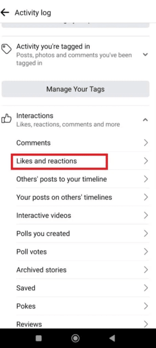 from-the-drop-down-menu-choose-likes-and-reaction-461x1024-1-e1671311354606 كيفية مشاهدة المنشورات التي أعجبتك على تطبيق Facebook
