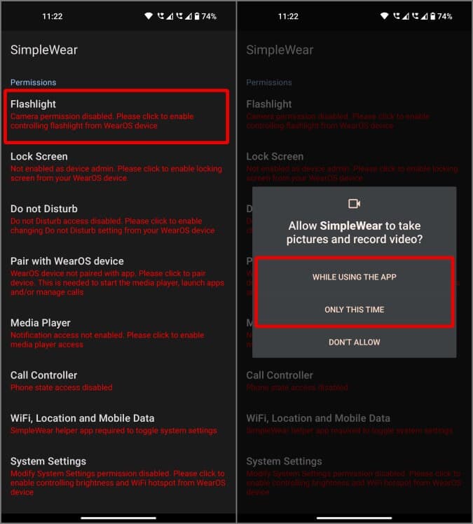 giving-flashlight-permission-to-simplewear-on-Android كيفية التحكم في هاتف Android الخاص بك باستخدام Galaxy Watch / WearOS
