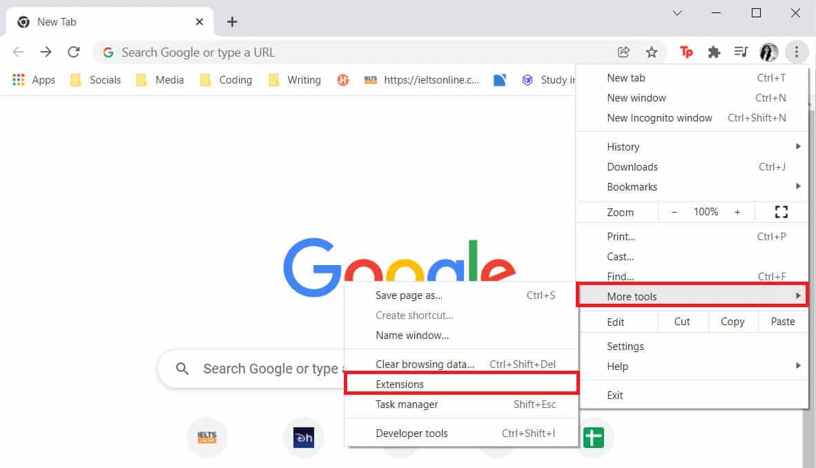 go-to-more-tools-and-click-on-extensions إصلاح خطأ "أنت لست مؤهلاً للتسجيل في Zoom في هذا الوقت"