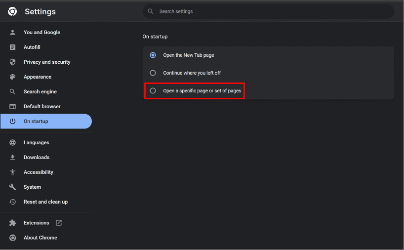 in-on-startup-click-on-open-a-specific-page-or-se كيفية استعادة صفحة MSN الرئيسية
