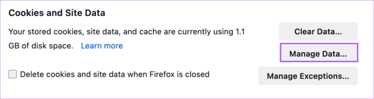 manage-data-cookies-firefox-768x204-1 أفضل 8 إصلاحات لعدم عمل YouTube في Firefox على Mac