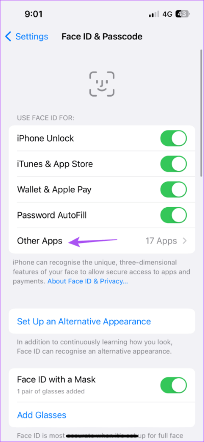 other-apps-face-id-and-passcode-iphone-474x1024-1 أفضل 5 إصلاحات لعدم عمل معرف الوجه Face ID في WhatsApp على iPhone