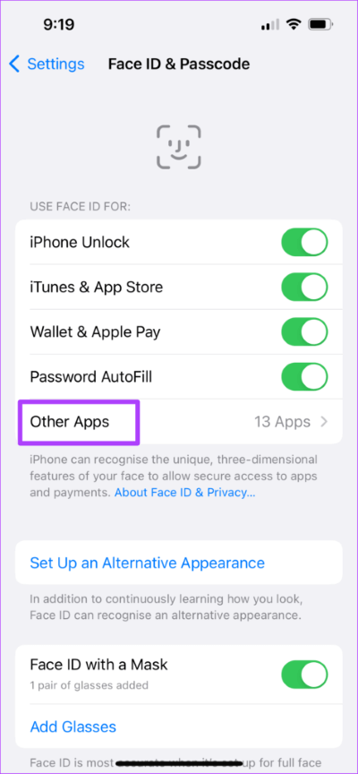 other-apps-face-id-settings-iphone-474x1024-1 أفضل 5 إصلاحات لعدم عمل معرف الوجه Face ID في Telegram على iPhone