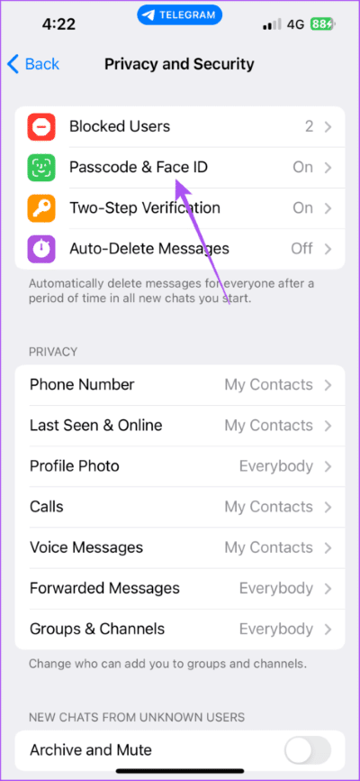 passcode-and-face-id-telegram-settings-iphone-473x1024-1 أفضل 5 إصلاحات لعدم عمل معرف الوجه Face ID في Telegram على iPhone